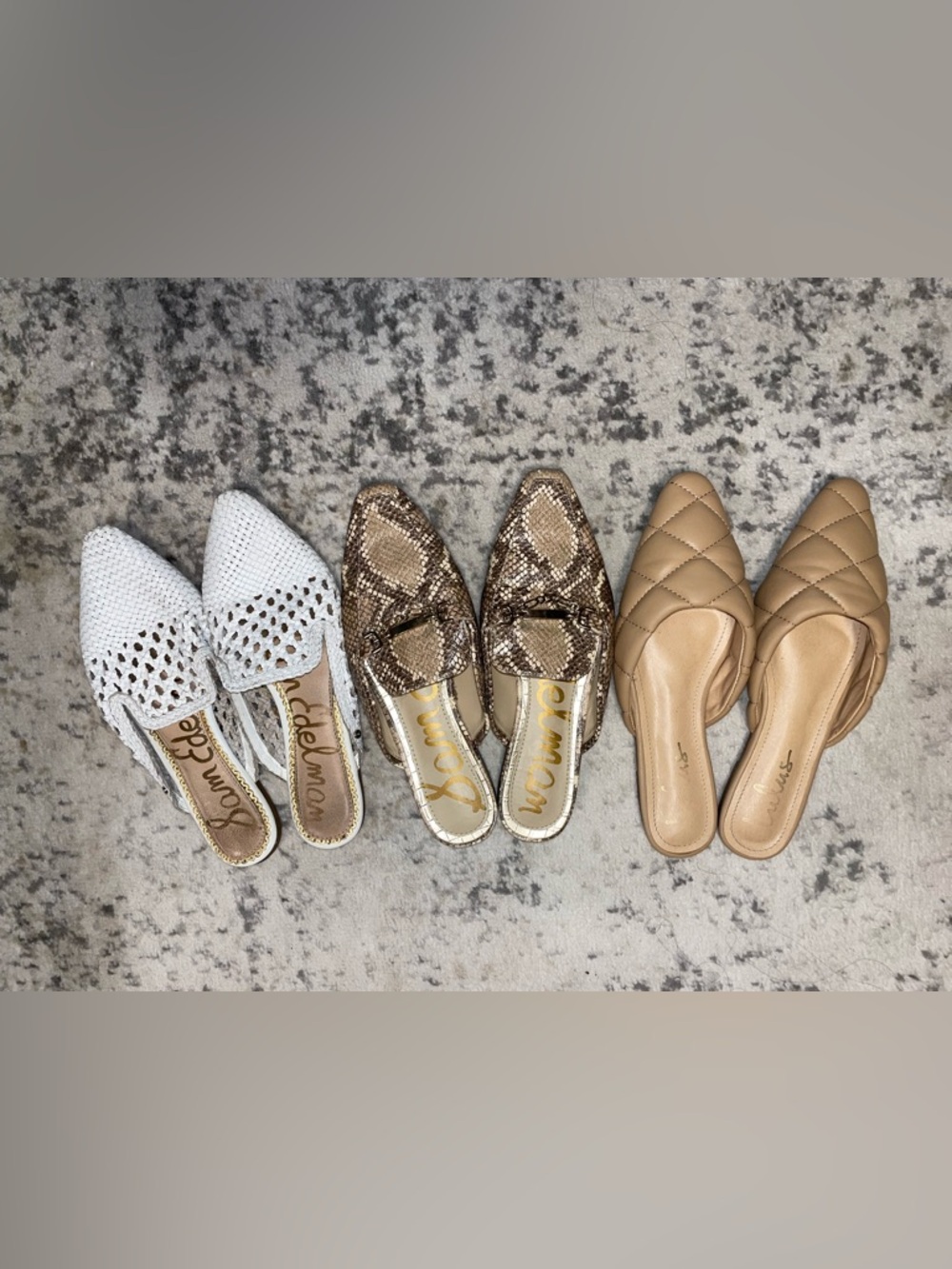 Lot of 3 Leather White Tan Quilted Slip-On Flat Mules